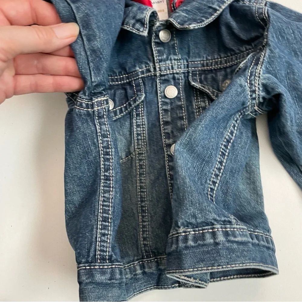 Gap Baby Jacket Denim Embroidered Handsome Devil Removable Hood Pockets Blue Red